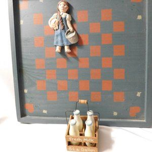 Vintage Miniature Milk Bottles with Crate Farm Girl on Wood Checkerboard